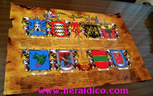 pergamino quemado con ocho escudos heraldicos